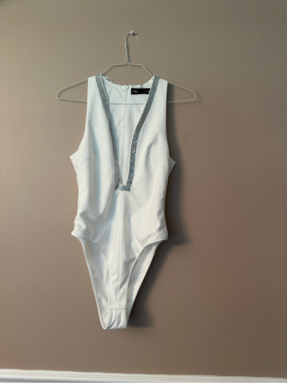 Zara White Rhinestone Embellished Bodysuit NWT Size M - Picture 2 of 10